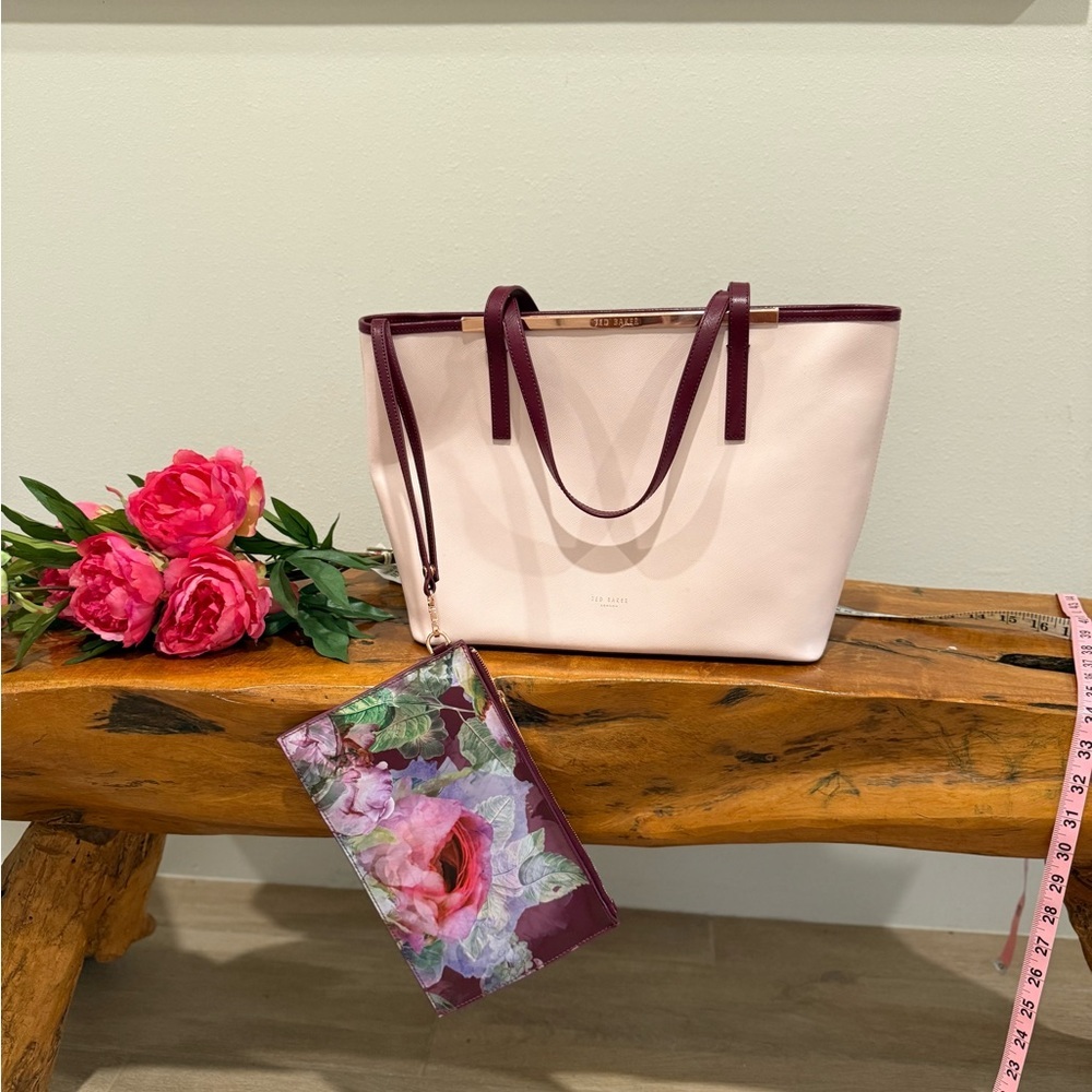 Ted Baker London Pink and Burgundy Floral Tote Bag Rose Gold Accents - Picture 3 of 16